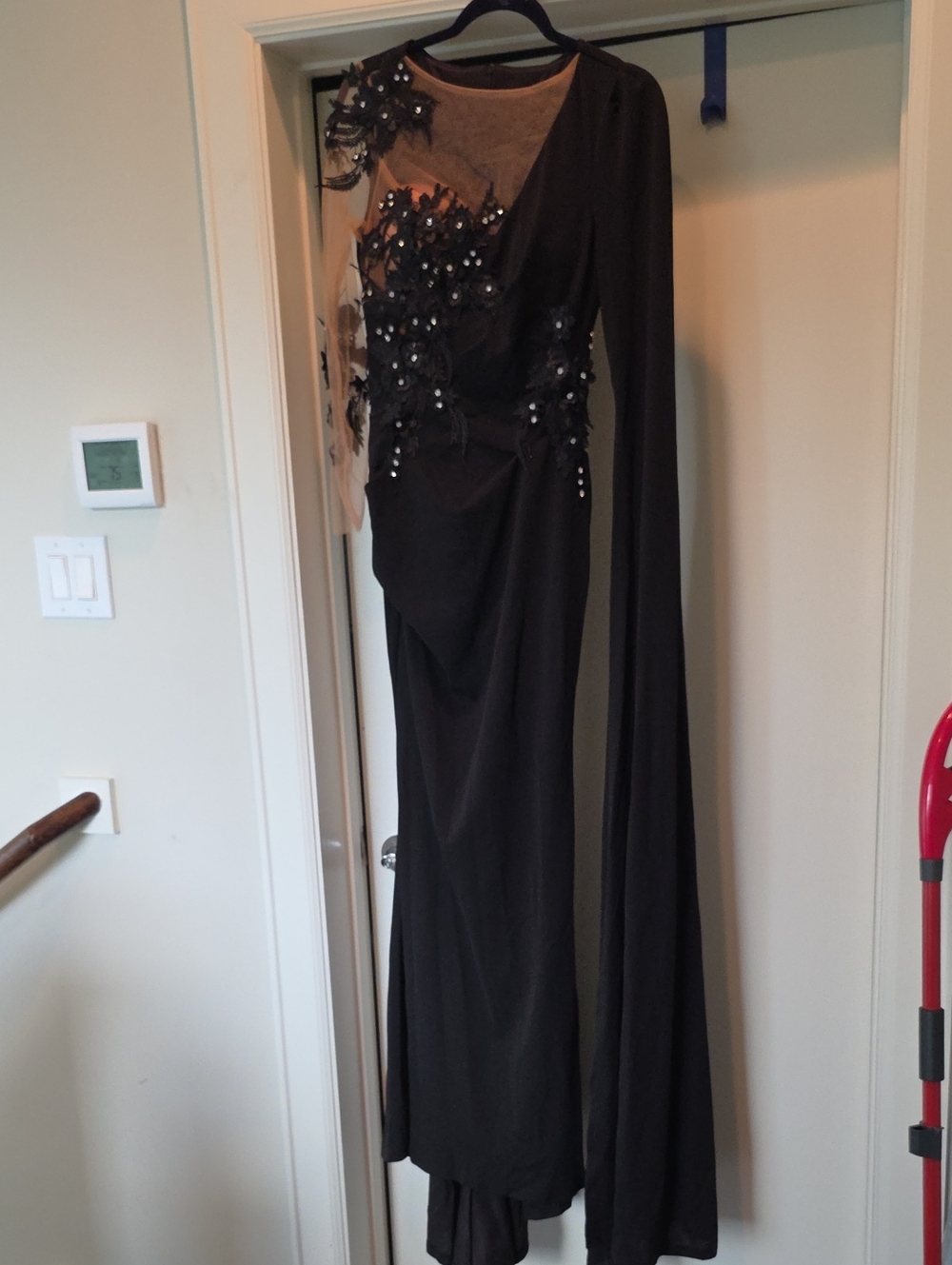 Black Embellished One-Shoulder Evening Dress